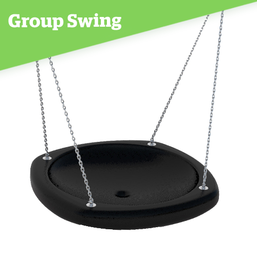 HAGS Bravo Seat on a white background. Black Plastic group seat with a drainage hole in the middle and chains are connected at each corner.